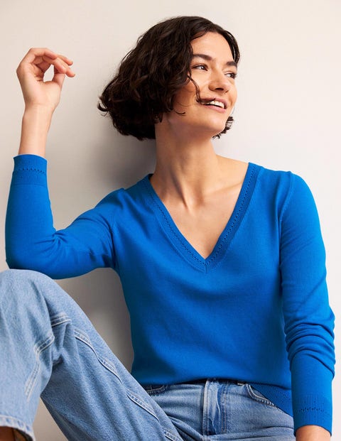 Catriona Cotton V-Neck Jumper - Brilliant Blue