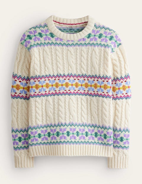 Boden Cable Knit Fair Isle Sweater Warm Ivory Women