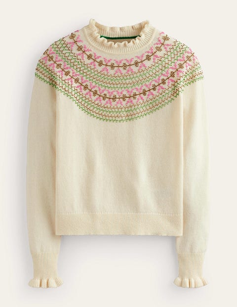 Boden Edie Fair Isle Wool Cotton Blend Jumper, Pink/Multi, XS