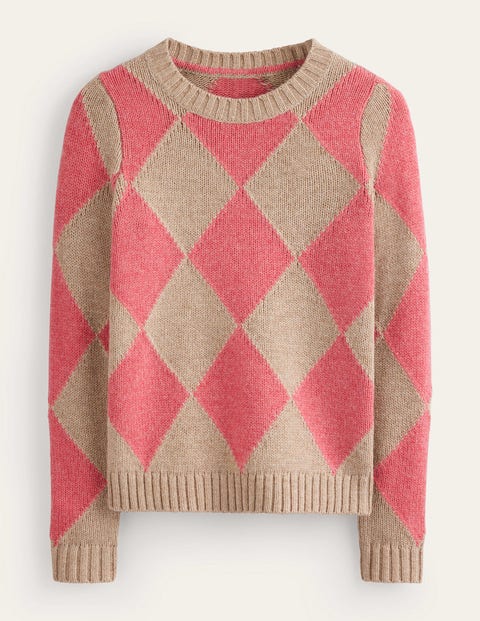 Boden Argyle Crew Neck Sweater Watermelon, Chinchilla Melange Women