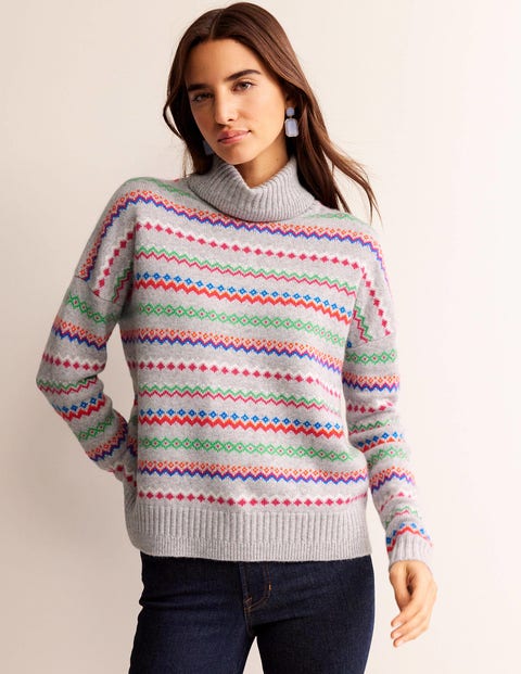 Roll Neck Cashmere Sweater - Grey Melange Fairisle