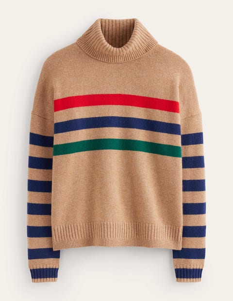 Boden Roll Neck Cashmere Sweater Camel And Red Stripe Women