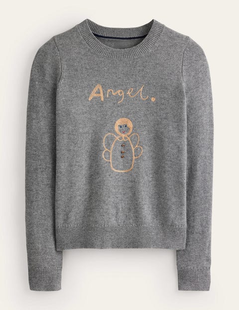 Boden Festive Embroidered Sweater Grey Melange, Angel Women