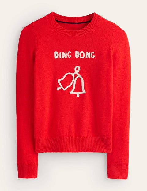 Boden Festive Embroidered Sweater Brilliant Red, Ding Dong Women