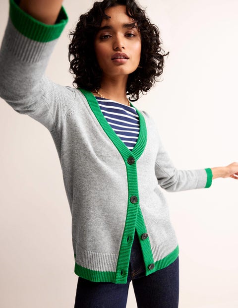 Contrast Trim Cardigan - Grey Melange, Green Tambourine | Boden US