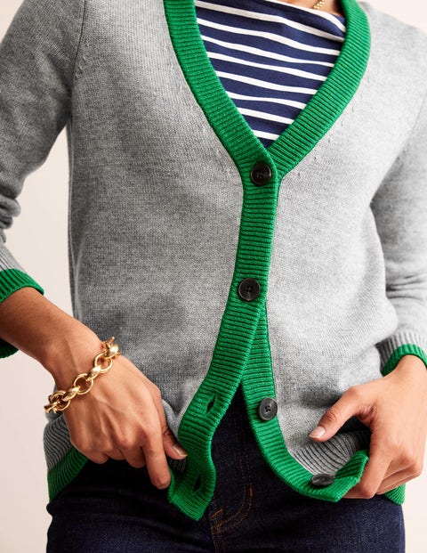 Contrast Trim Cardigan - Green | Tambourine Melange, Boden Grey US