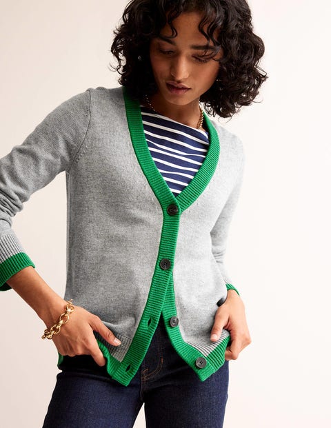 Contrast Trim Cardigan - Grey Melange, Green Tambourine | Boden US