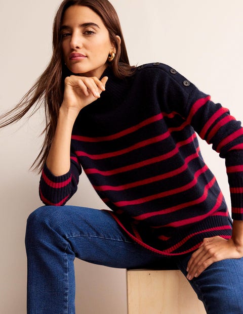 Evelyn Oversized Wool Jumper - Navy Peony and Flame Scarlet | Boden UK