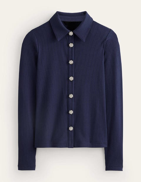 Rippstrick-Hemd mit Schmuckknopf Damen Boden, Französisches Marineblau