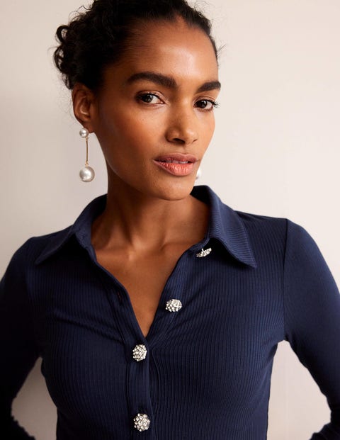 Jewelled-Button Ribbed Shirt French Navy Women Boden, French Navy
