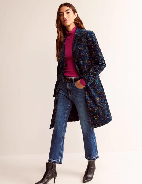 Canterbury Velvet Coat - French Navy, Azalea Bloom