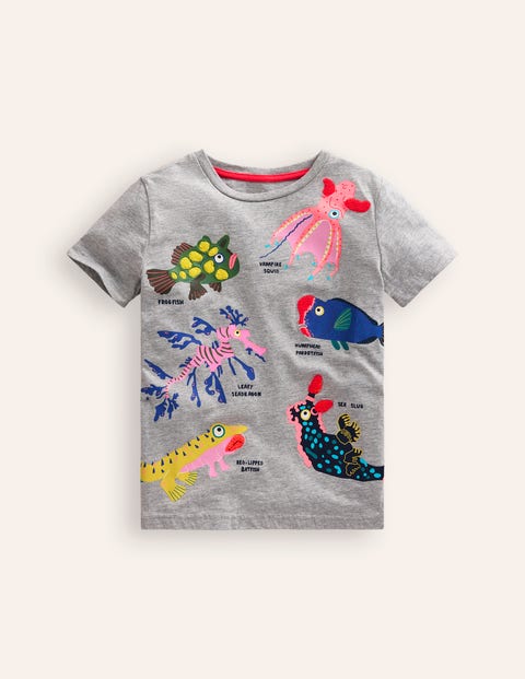 Mini Boden Kids' Weird & Wonderful Fish T-shirt Grey Marl Weird Fish Boys Boden In Gray