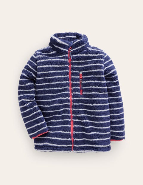 Kuschelige, winddichte Fleecejacke Mädchen Boden, Schuluniform-Marineblau / Naturweiß Gestreift