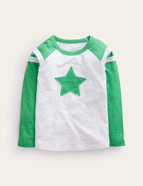 Mini Boden Kids' Long Sleeve Raglan T-shirt White/ming Green Star Boys Boden