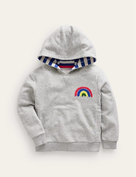 Mini Boden Kids' Appliqué Rainbow Hoodie Silver Marl Rainbow Boys Boden In Gray