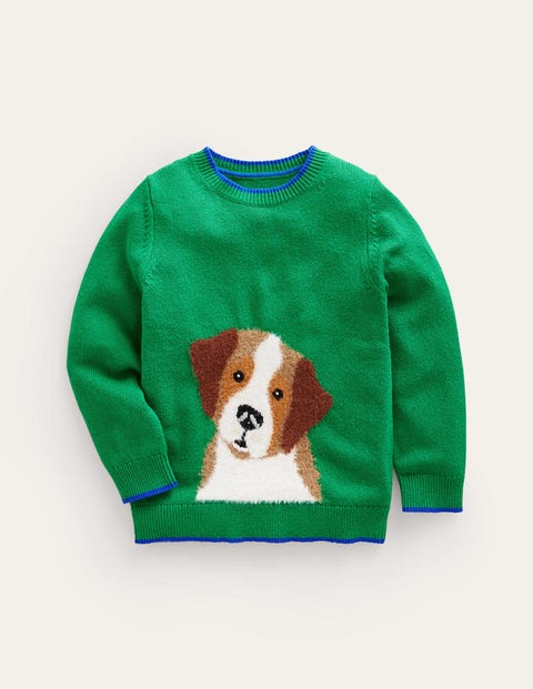 Mini Boden Kids' Fun Cosy Sweater Runner Bean Green Dog Boys Boden