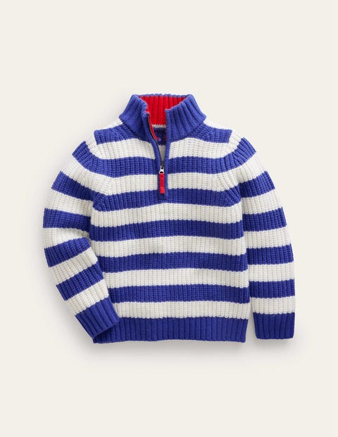 Mini Boden Kids' Chunky Half Zip Jumper Greek Blue And Ivory Boys Boden