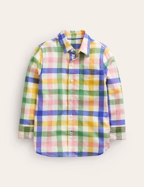 Mini Boden Kids' Linen Shirt Green / Pink Gingham Boys Boden In Multi