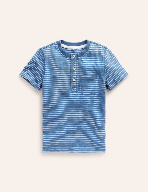 Washed Cotton Henley T-shirt - Indigo Stripe | Boden US