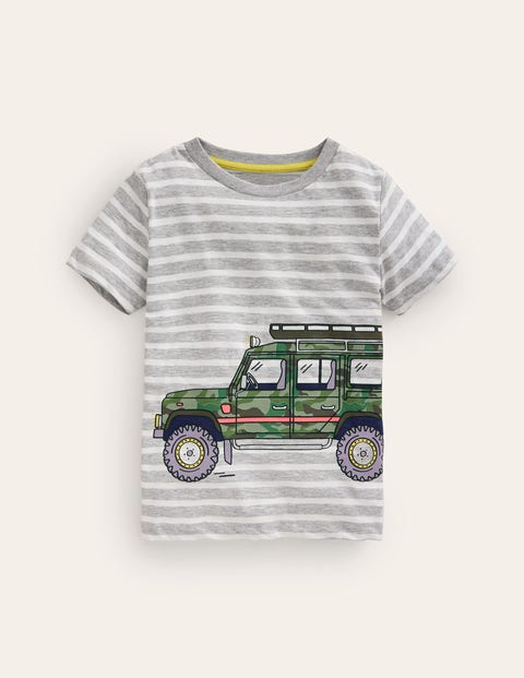 Shop Mini Boden Foil Printed T-shirt Grey Marl/ Ivory Stripe Jeep Boys Boden
