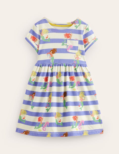 Boden Kids' Short-sleeved Fun Jersey Dress Surf Blue Mermaid Stripe Girls |  ModeSens
