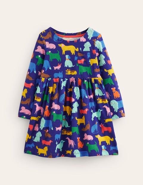 Mini Boden Kids' Long Sleeve Fun Jersey Dress Starboard Playful Pups Girls Boden