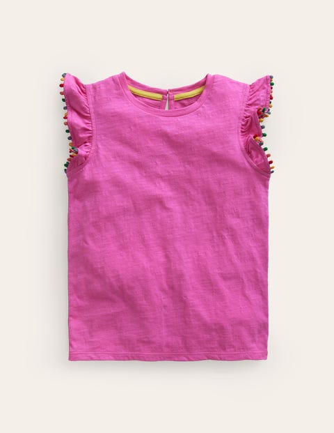Mini Boden Kids' Pom Trim T-shirt Strawberry Pink Girls Boden