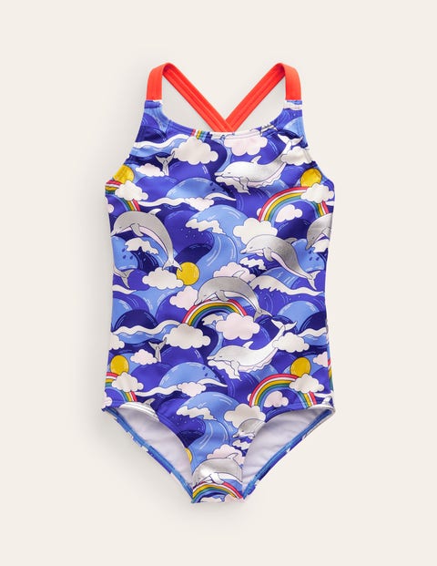 Mini Boden Kids' Cross-back Printed Swimsuit Ultramarine Foil Dolphin Girls Boden In Blue