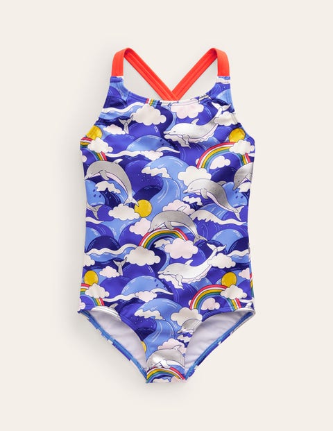 Cross-back Printed Swimsuit - Ultramarine Foil Dolphin