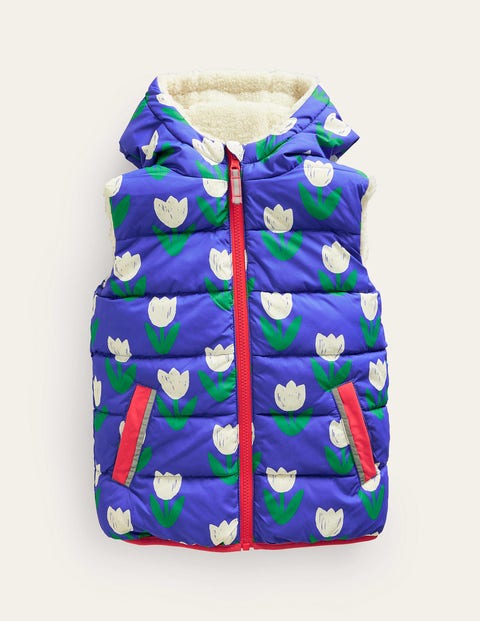 Mini Boden Kids' Borg Mix Reversible Gilet Blue Heron Tulips Girls Boden