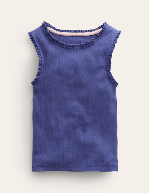Mini Boden Kids' Ribbed Lace Trim Vest Starboard Girls Boden In Blue