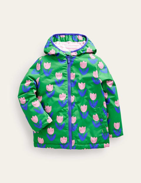 Mini Boden Kids' Jersey Lined Anorak Runner Bean Green Tulips Girls Boden