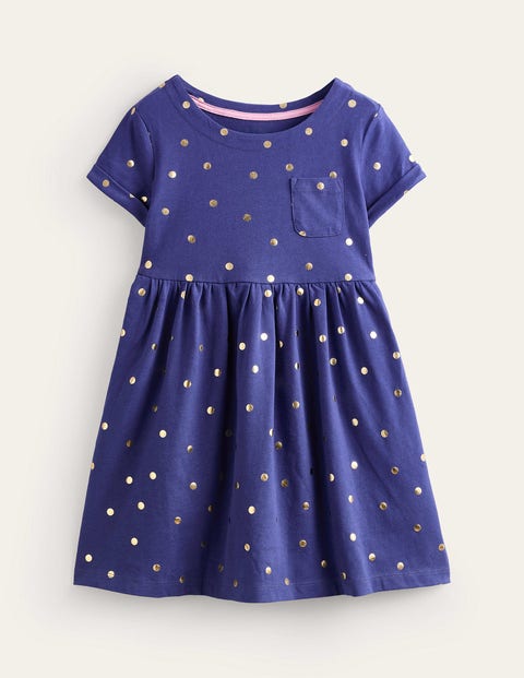 Mini Boden Kids' Short-sleeved Fun Jersey Dress Classic Navy/gold Spot Girls Boden In Blue