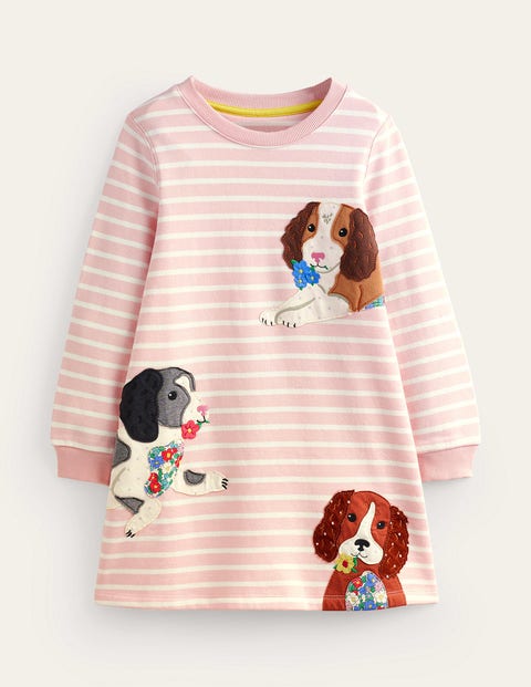 Mini Boden Kids' Cosy Appliqué Sweatshirt Dress Ballet Pink/ivory Dogs Girls Boden