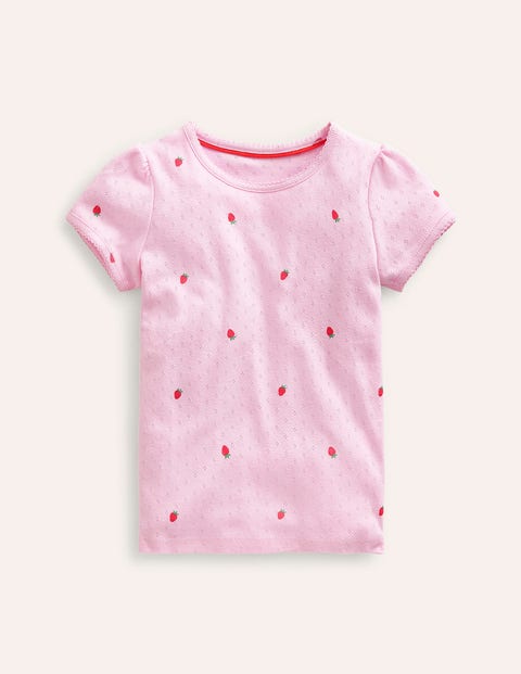 Mini Boden Kids' Short-sleeved Pointelle Top Sweet Pea Pink Strawberries Girls Boden
