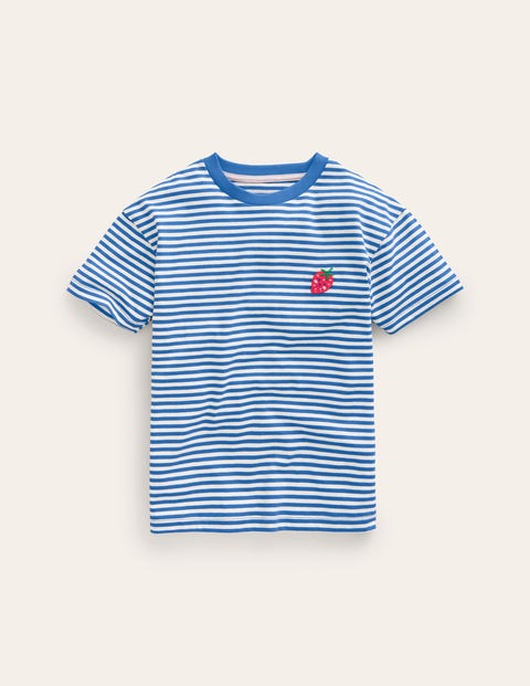 Mini Boden Kids' Embroidered Logo T-shirt Blue Heron/ivory Strawberry Girls Boden