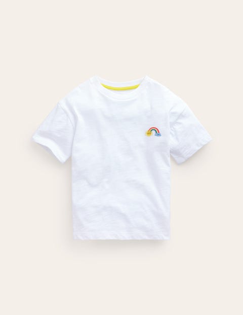 Mini Boden Kids' Embroidered Logo T-shirt White Rainbow Girls Boden