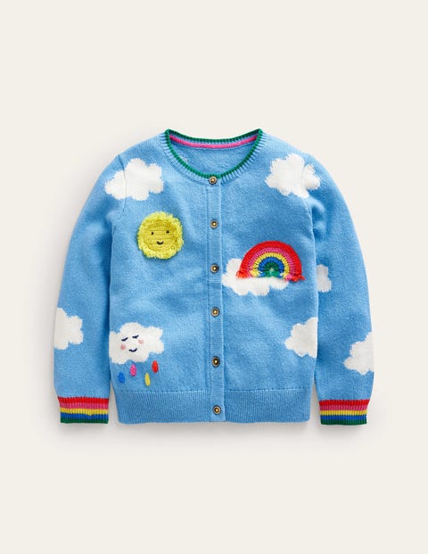 Mini Boden Kids' Crochet Appliqué Cardigan Vintage Blue Weather Girls Boden