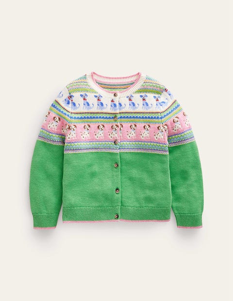 Mini Boden Kids' Fair Isle Cardigan Aloe Green Dogs Girls Boden