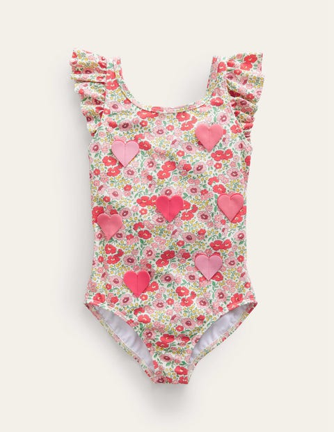 Mini Boden Kids' Logo Flutter Sleeve Swimsuit Flowerbed Hearts Girls Boden In Pink