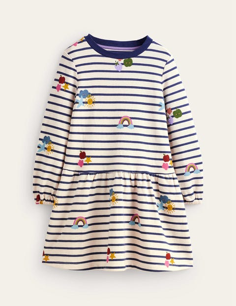 Mini Boden Kids' Printed Sweatshirt Dress Stripe Rainbow Clouds Girls Boden