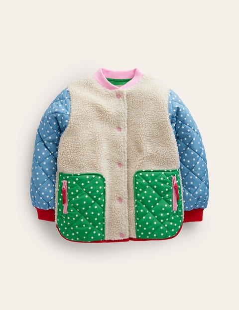 Borg Mix Bomber Jacket Ivory / Colourblock Spot Girls Boden, Ivory / Colourblock Spot