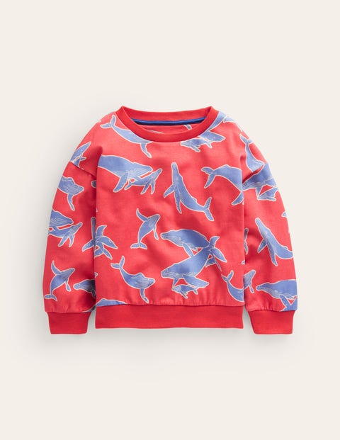 Marmeladenrot Wale, Bedrucktes Sweatshirt mit lockerer Passform, Mädchen, Boden, Marmeladenrot Wale