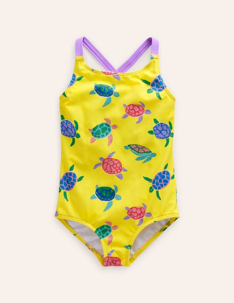 Mini Boden Kids' Cross-back Printed Swimsuit Zest Yellow Turtles Girls Boden
