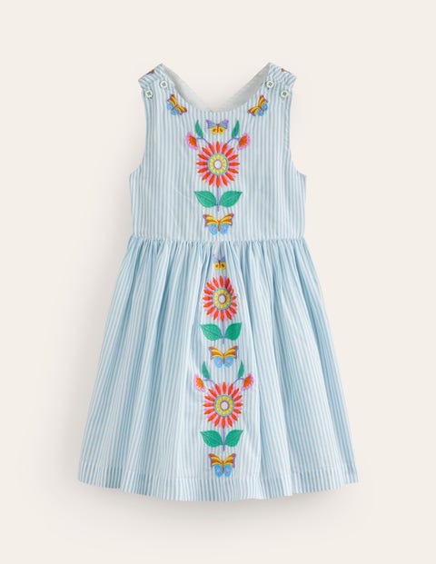 Cross-Back Dress - Blue / Ivory Stripe Floral