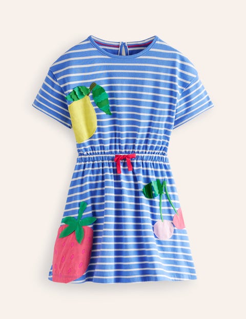 Tie Waist Applique Dress - Surf Blue/Ivory Fruit