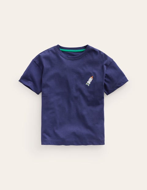 Mini Boden Kids' Embroidered Logo T-shirt College Navy Rocket Girls Boden