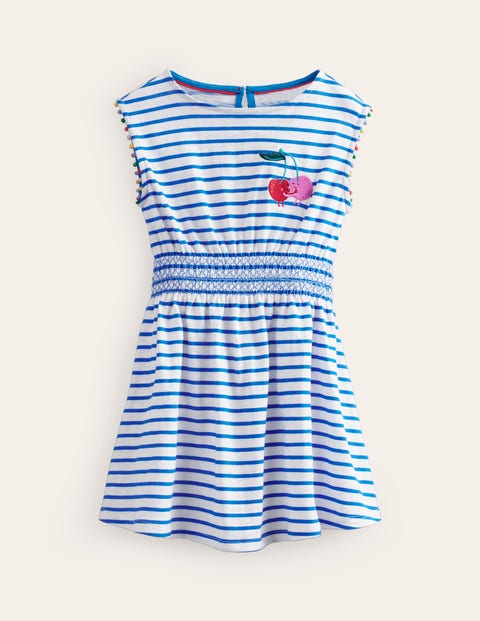 Mini Boden Kids' Shirred Waist Jersey Dress Greek Blue/ Ivory Cherries Girls Boden
