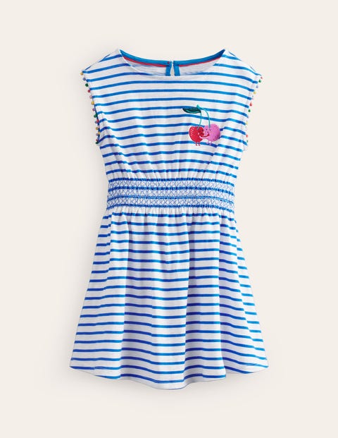Mini Boden Kids' Shirred Waist Jersey Dress Greek Blue/ Ivory Cherries  Girls Boden | ModeSens