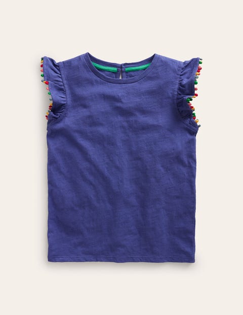 Mini Boden Kids' Pom Trim T-shirt Soft Starboard Girls Boden In Blue